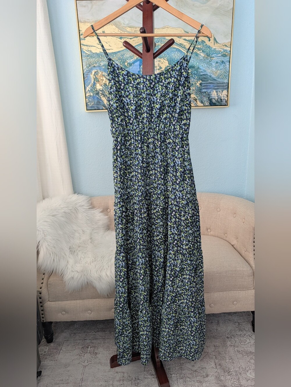 Michael Kors Blue Green and White Floral Maxi Dress Woman's Sz P/M. - Picture 6 of 10